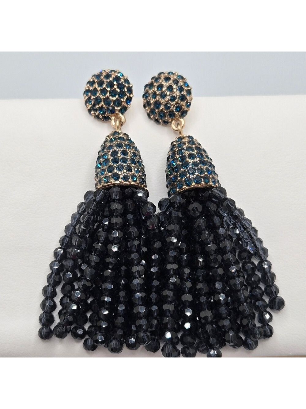 BaubleBar Gold-Tone Blue Crystal and Black Bead Tassel Drop Earrings